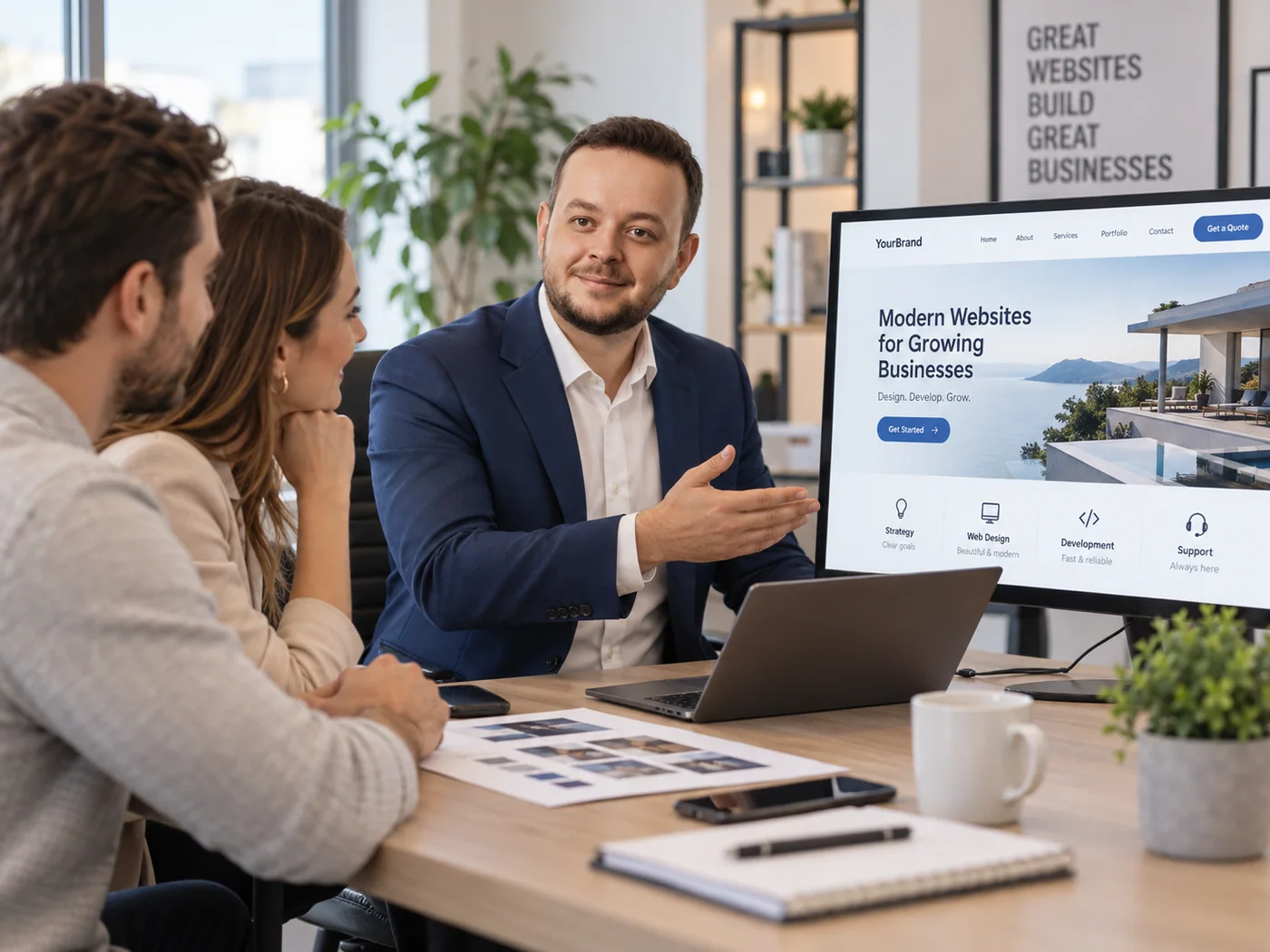 Apresentação do design de um novo site durante reunião com clientes